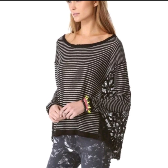 Free People Linen Blend Crochet Love Me Do Blouse Top Sz M Stripe Oversize - Picture 2 of 16